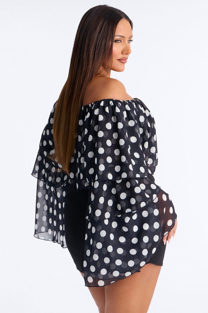 Polka Dot Glow Off Shoulder Chiffon Top - Black/combo