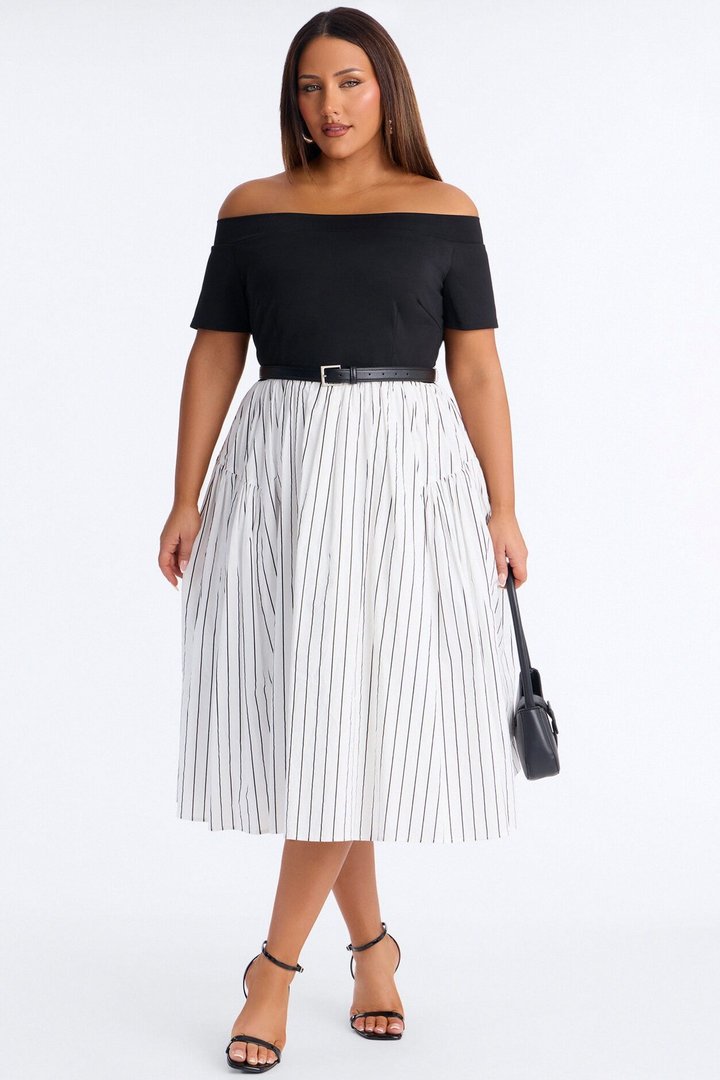 Harlow Pinstripe Midi Dress - Black/White