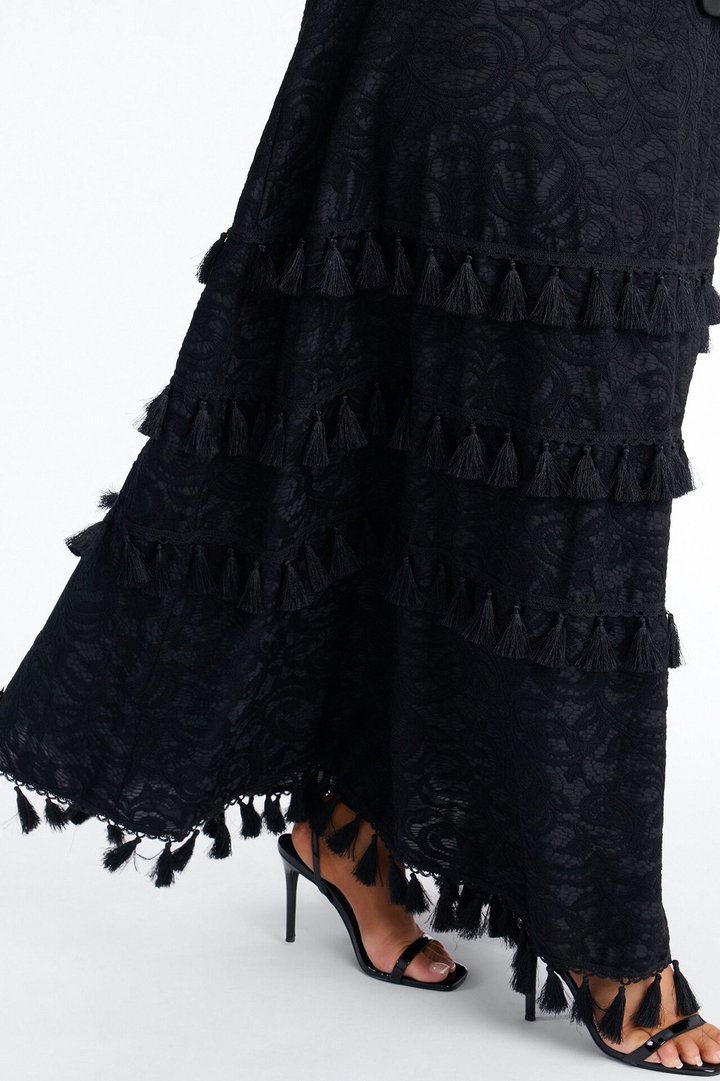 Inez Fringe Trim Belted Maxi Skirt Set - Black