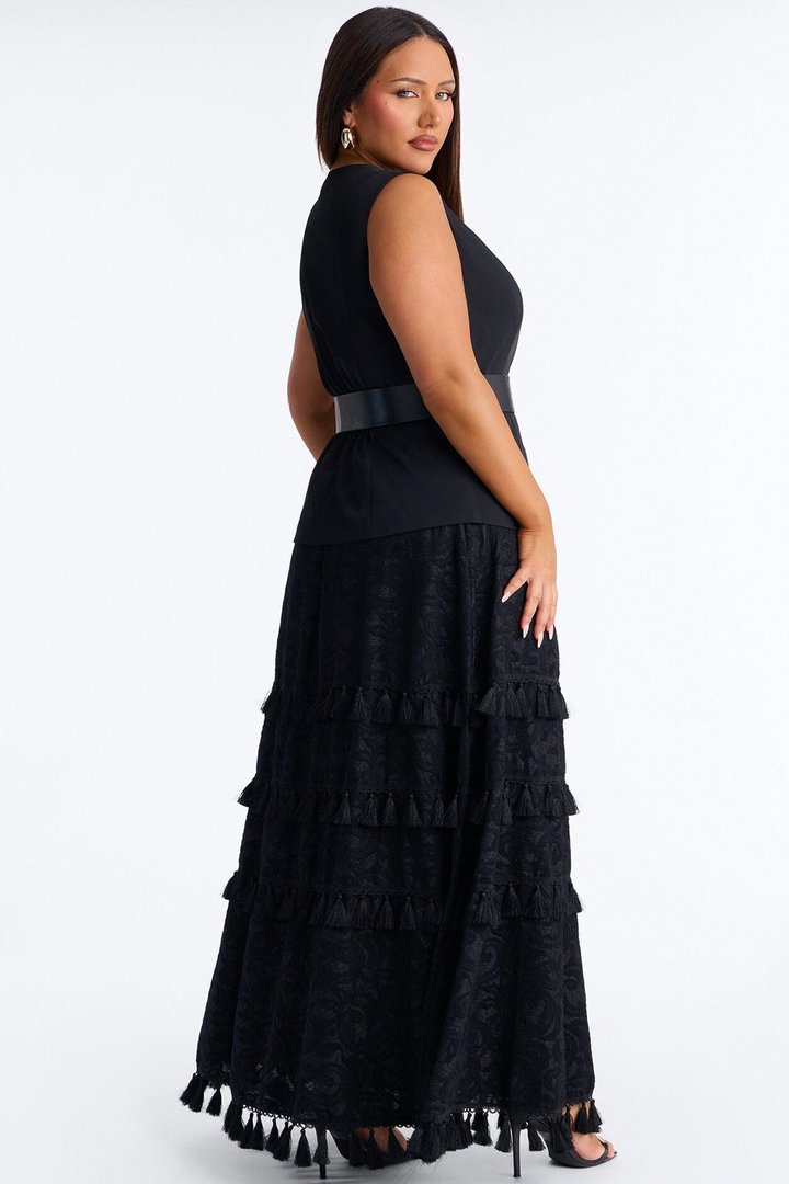 Inez Fringe Trim Belted Maxi Skirt Set - Black