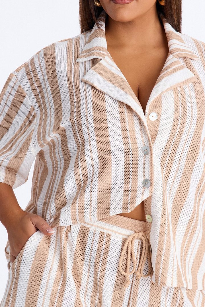 Lea Crochet Stripe Short Set - Taupe/combo