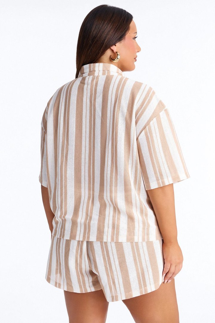 Lea Crochet Stripe Short Set - Taupe/combo