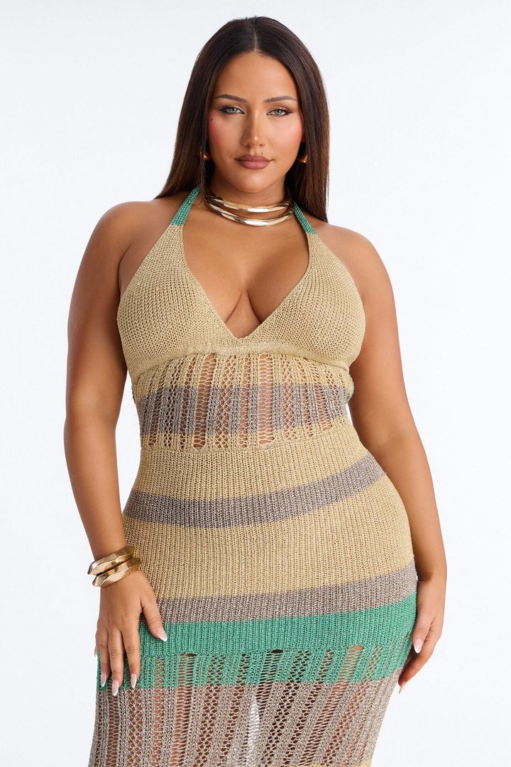 Ocean Goddess Metallic Crochet Maxi Dress - Gold/combo