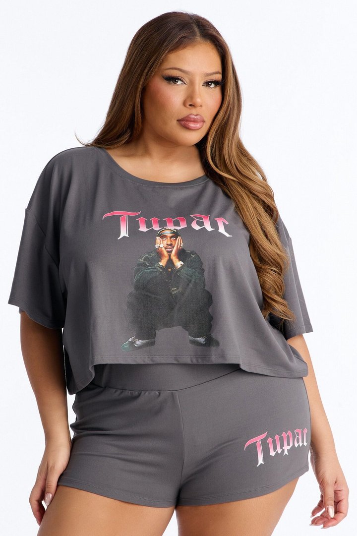 Tupac Sitting PJ Short Set - Acid Wash Grey