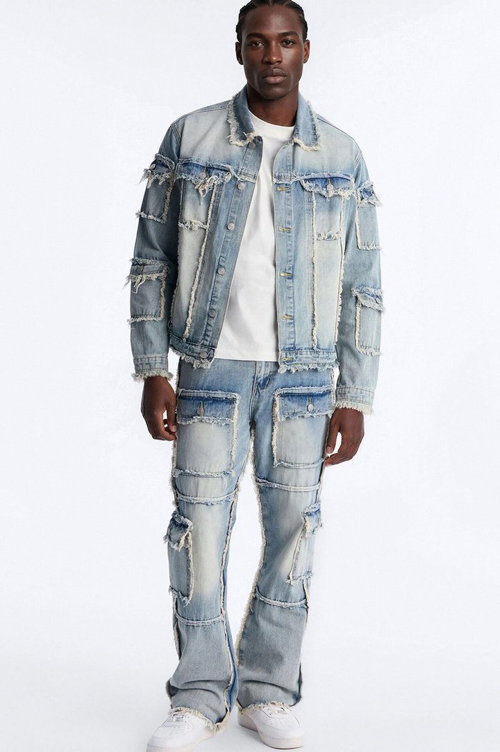 Tattered Cargo Denim Trucker Jacket - Light Wash