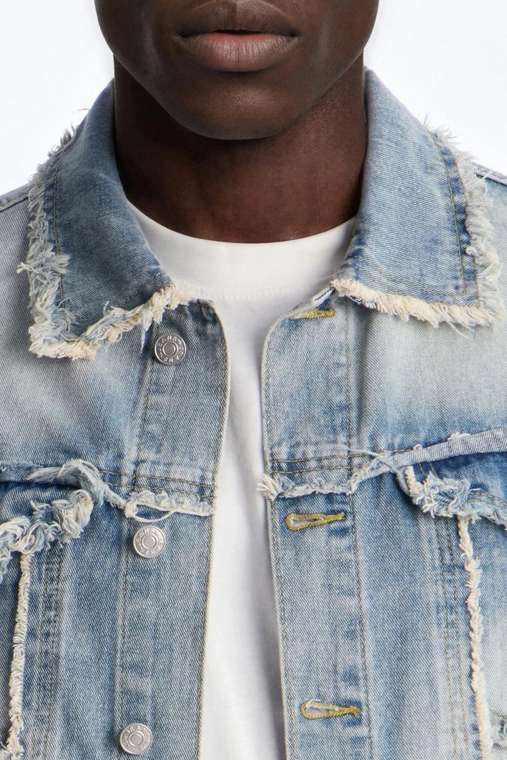 Tattered Cargo Denim Trucker Jacket - Light Wash