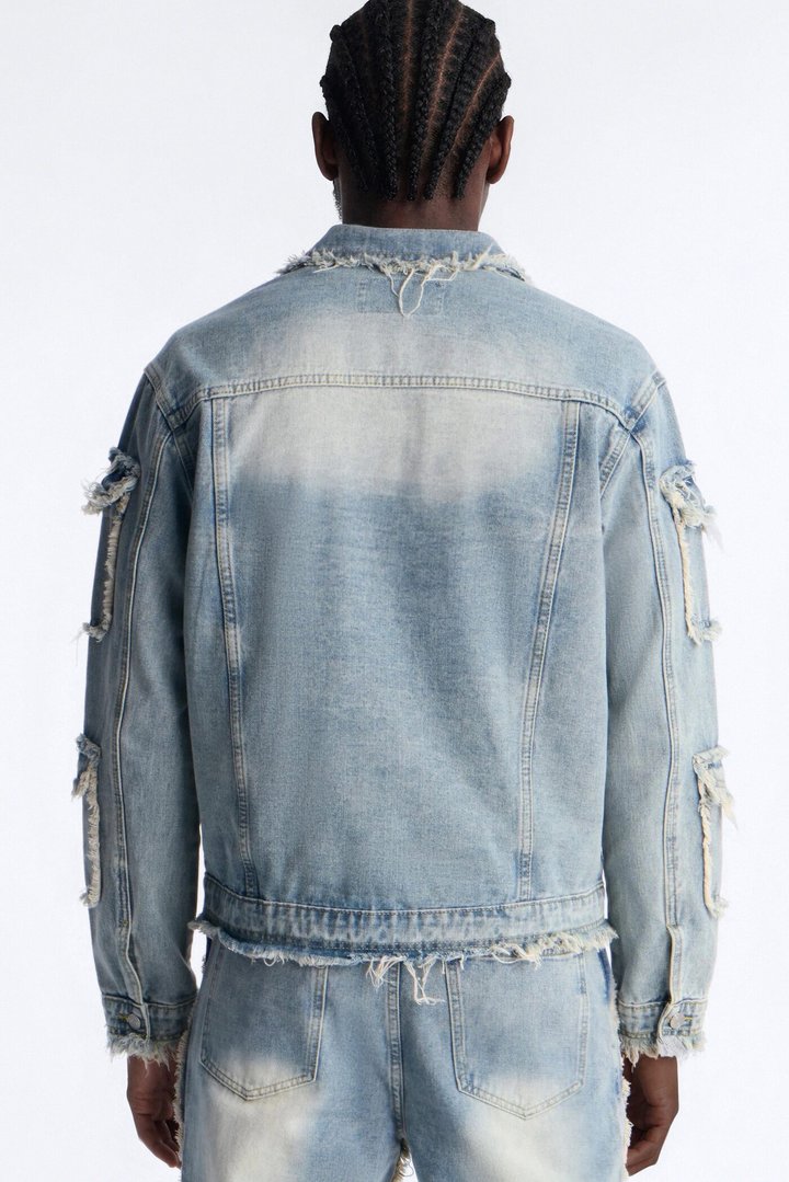 Tattered Cargo Denim Trucker Jacket - Light Wash
