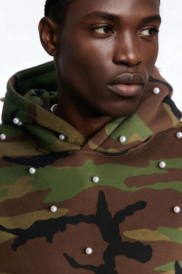 Oversized Vanguard Pearl Embellished Camo Hoodie - Camouflage