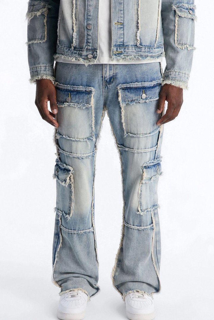 Straight Flare Tattered Cargo Jean - Light Wash