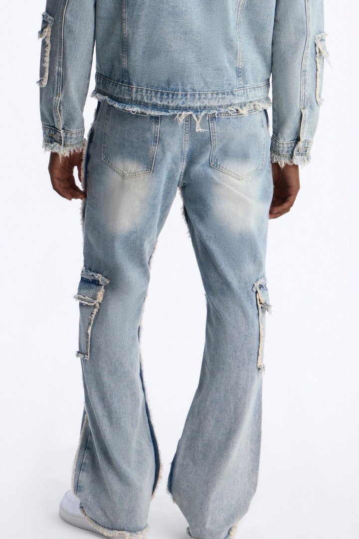 Straight Flare Tattered Cargo Jean - Light Wash