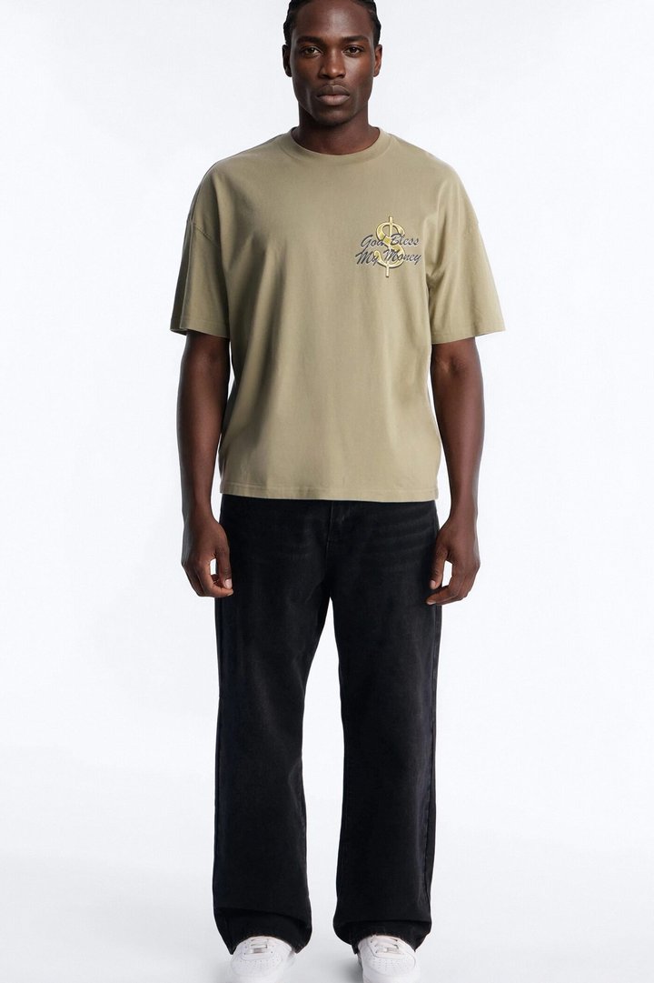 God Bless My Money Oversized Short Sleeve Tee - Olive