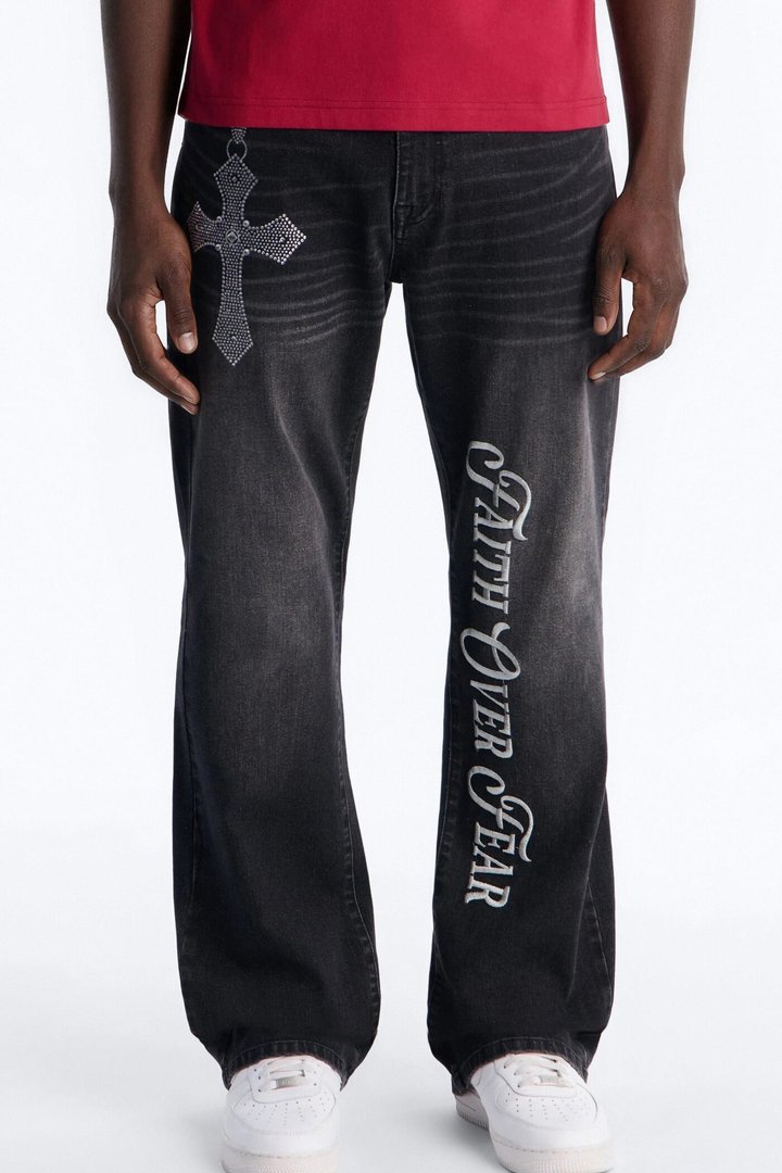Stacked Slim Flare Faith Over Fear Drip Jean - Black Wash