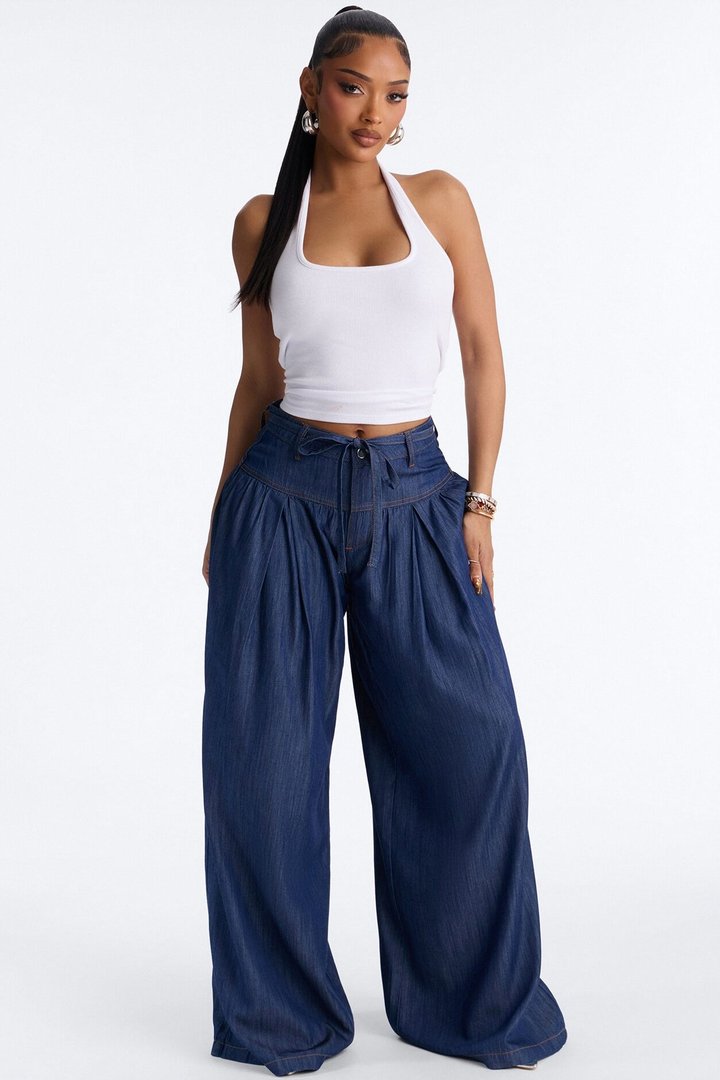 Golden Hour Chambray Tie Waist Pant 33″ - Dark Wash