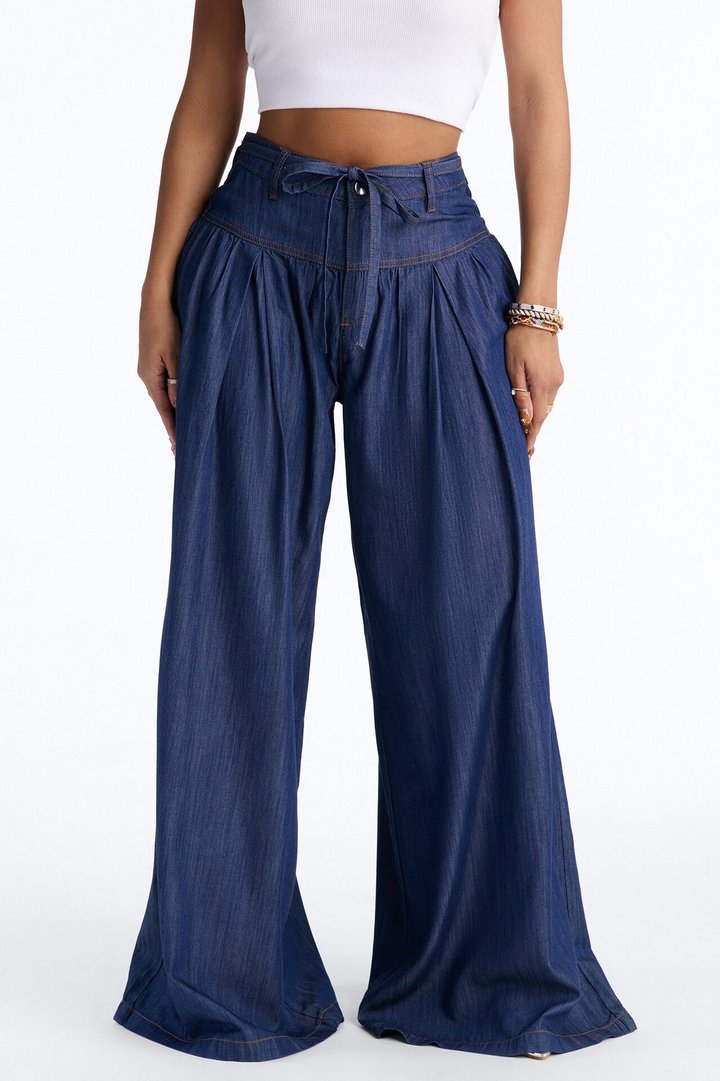 Golden Hour Chambray Tie Waist Pant 33″ - Dark Wash