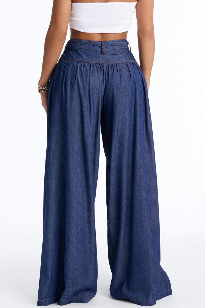Golden Hour Chambray Tie Waist Pant 33″ - Dark Wash