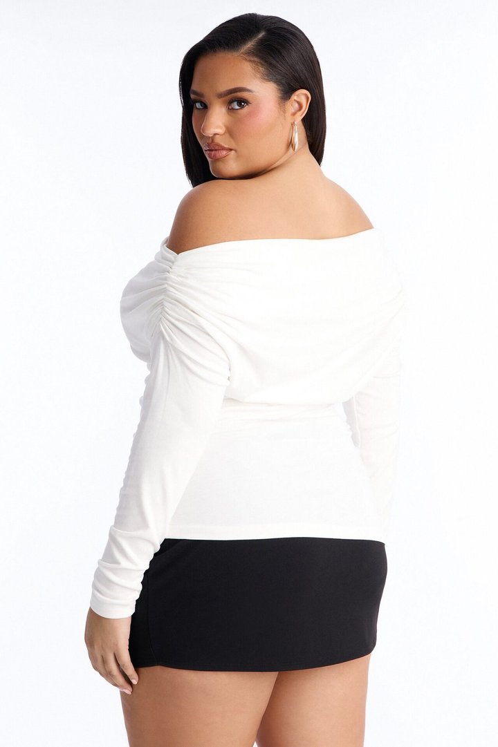 Rebecca Off Shoulder Ruched Long Sleeve Top - White