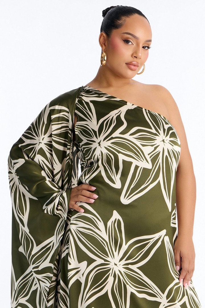 Maeve One Shoulder Satin Maxi Dress - Olive/combo