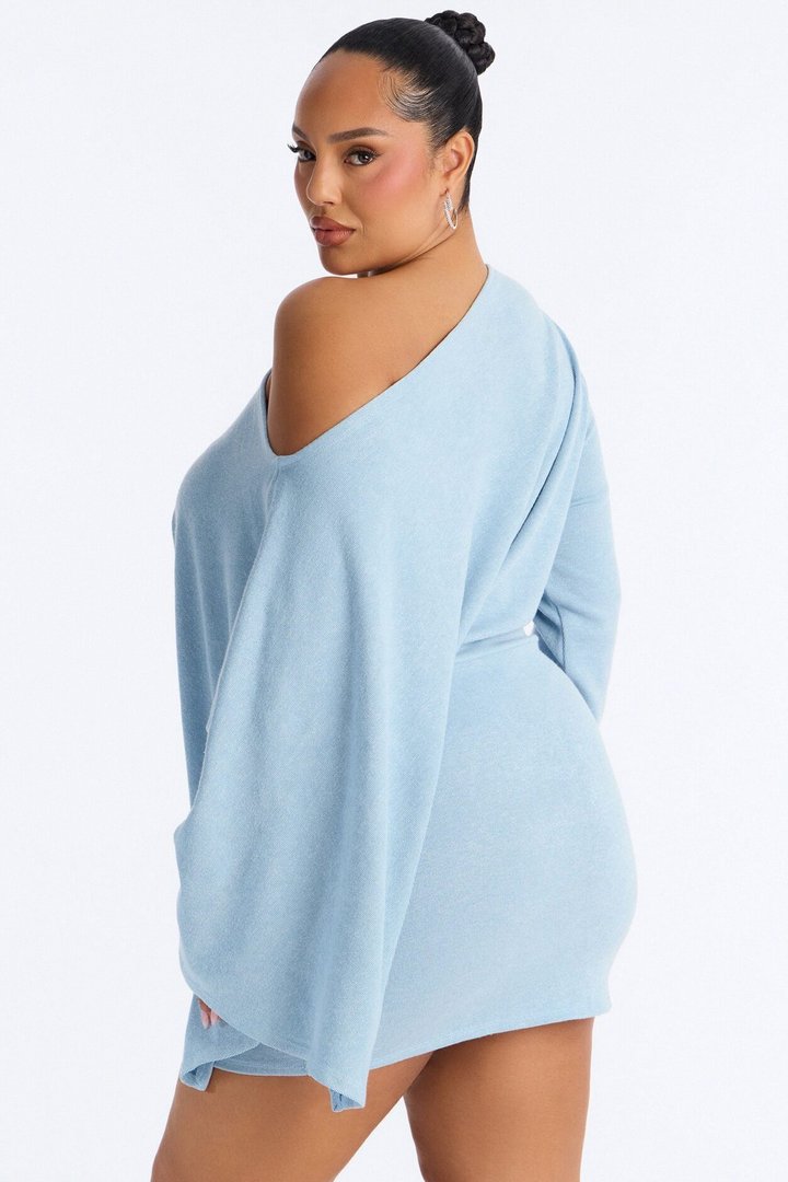 Alessia Off Shoulder Sweater Mini Dress - Dusty Blue