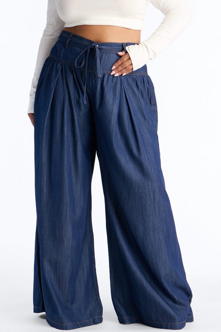 Golden Hour Chambray Tie Waist Pant 33″ - Dark Wash