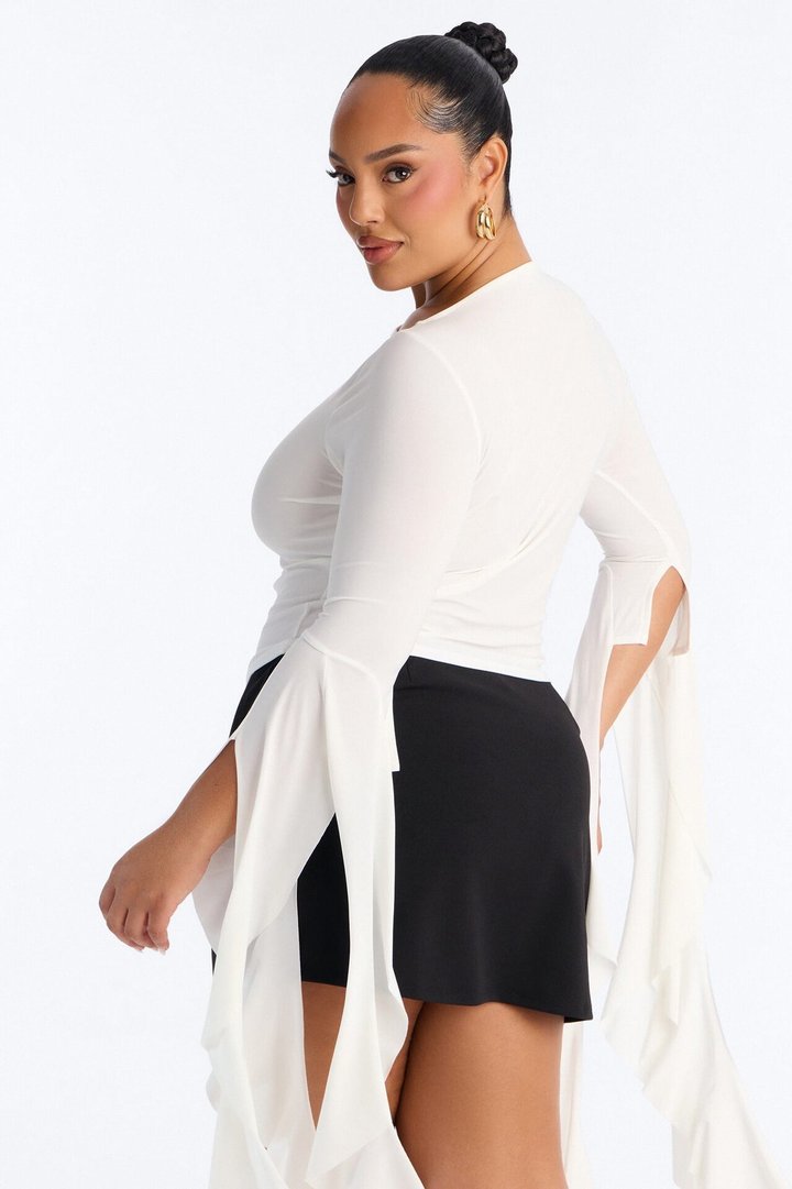 Isabella Boat Neck Ruffle Long Sleeve Top - White