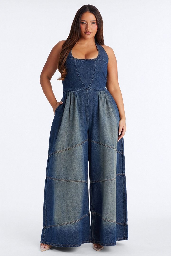 Bella Extreme Wide Leg Washed Denim Jumpsuit - Dark Wash