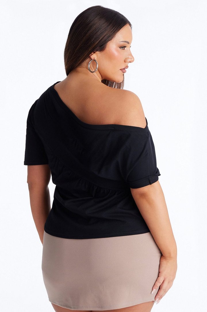 Brooklyn Ruched Off Shoulder Short Sleeve T-Shirt - Black
