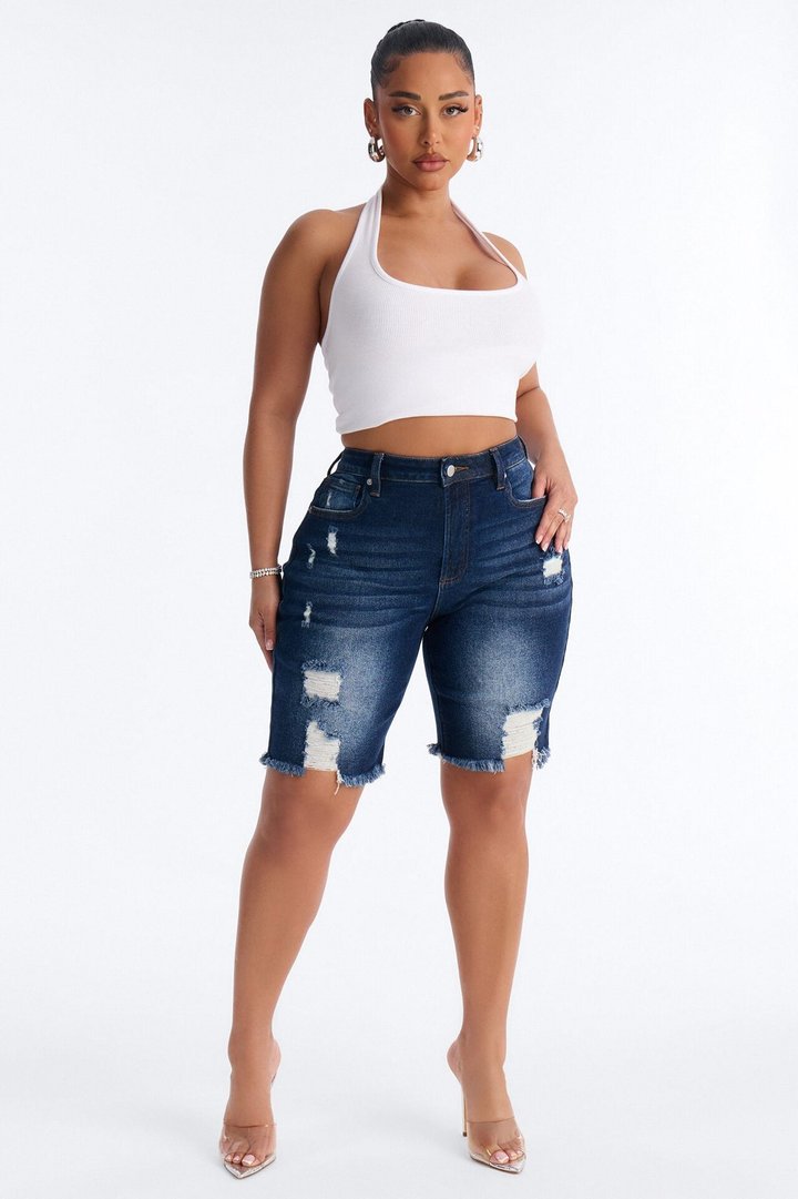 Came To Win Stretch Denim Bermuda Shorts - Dark Wash