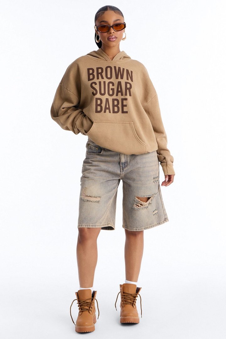Brown Sugar Babe Fleece Washed Hoodie - Brown