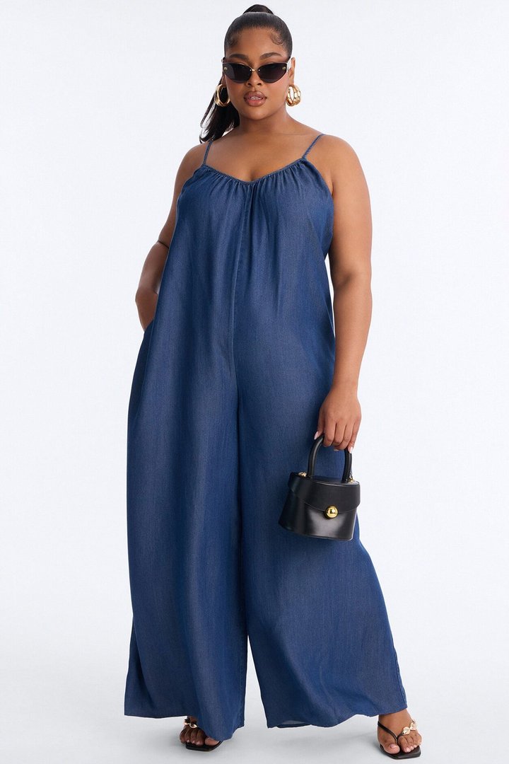 Farmer's Market Strolls Chambray Jumpsuit - Dark Wash