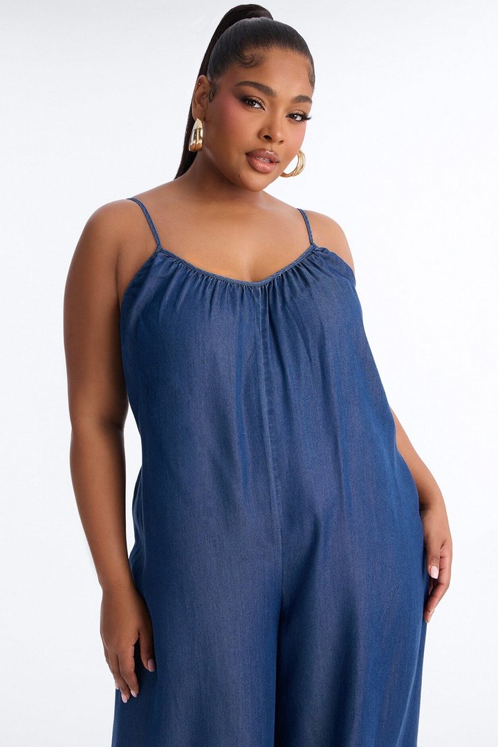 Farmer's Market Strolls Chambray Jumpsuit - Dark Wash