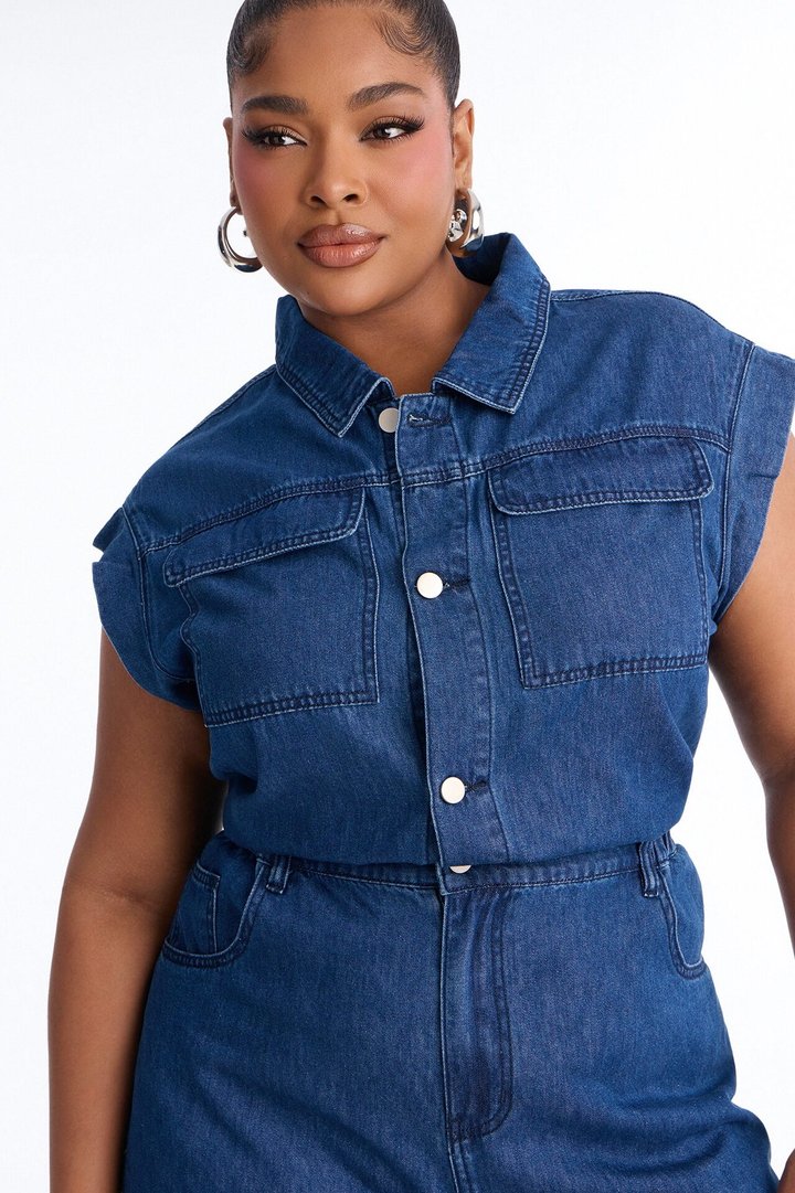 Jelina Denim Collar Wide Leg Jumpsuit - Medium Wash