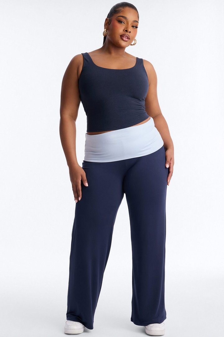 Aniyah Fold Over Flare Pant - Navy/combo