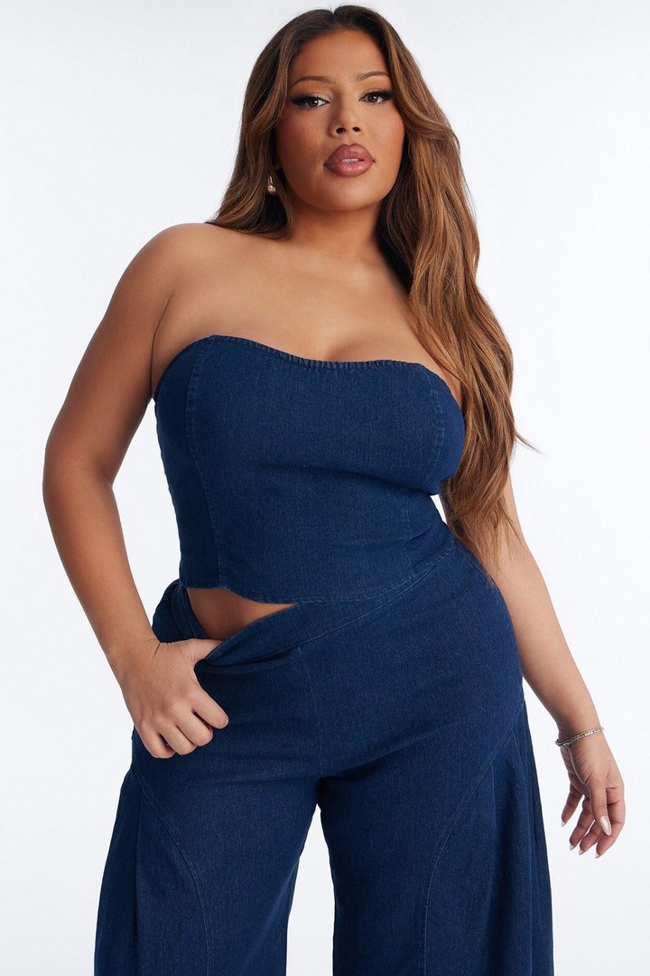 Bethany Strapless Denim Pant Set - Dark Wash