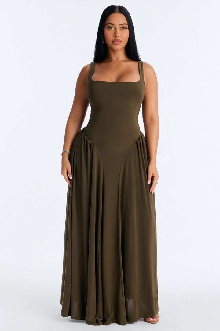 Jaclyn Drop Waist Pleated Maxi Dress - Olive