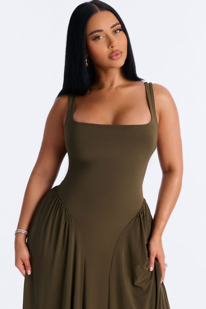 Jaclyn Drop Waist Pleated Maxi Dress - Olive