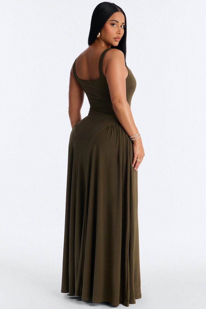 Jaclyn Drop Waist Pleated Maxi Dress - Olive