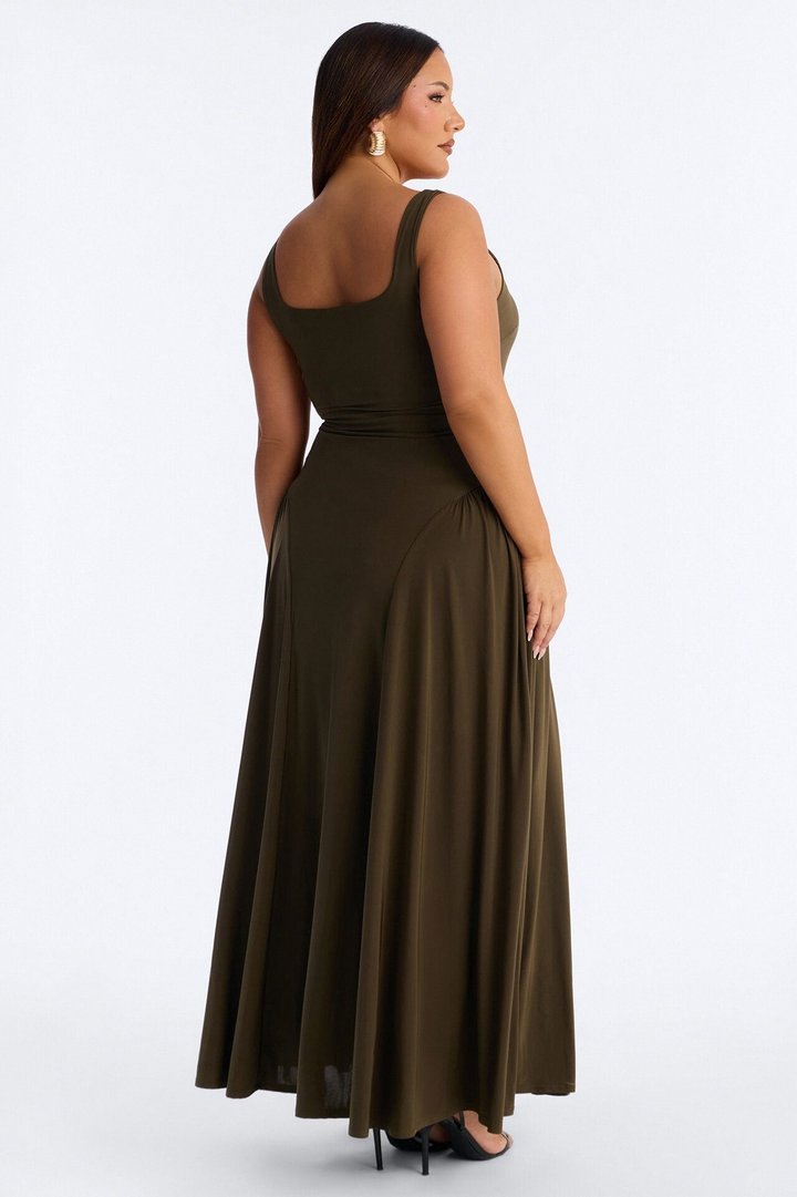 Jaclyn Drop Waist Pleated Maxi Dress - Olive
