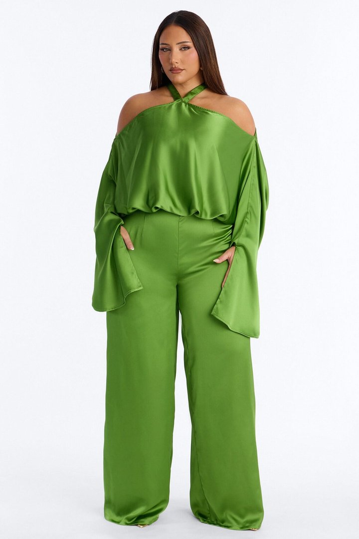 Oleena Satin Open Shoulder Jumpsuit - Green