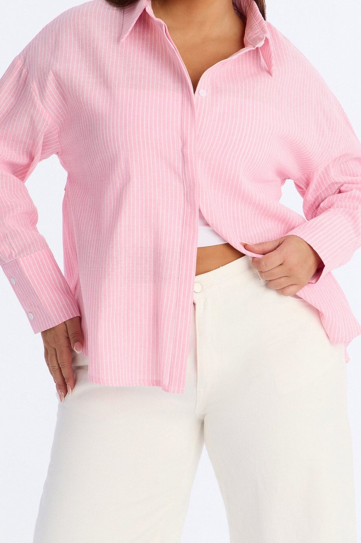 Kaia Tie Back Oversized Striped Linen Shirt - Pink/combo