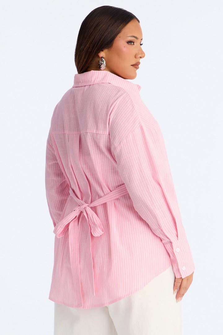 Kaia Tie Back Oversized Striped Linen Shirt - Pink/combo