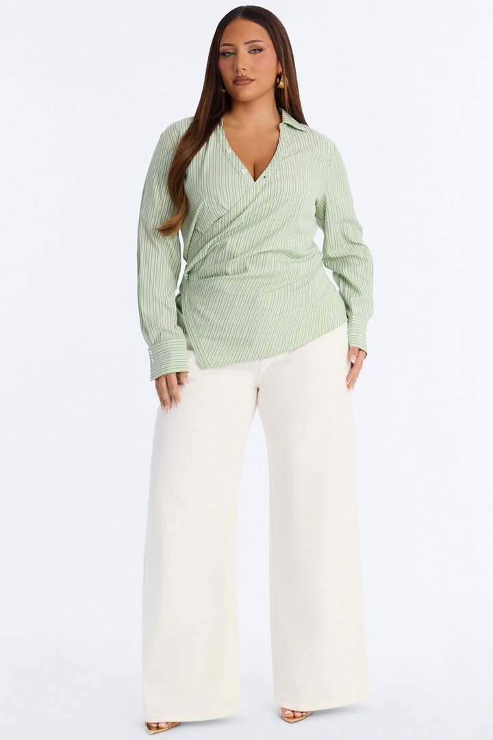 Savanna Wrap Over Striped Poplin Shirt - Green/combo
