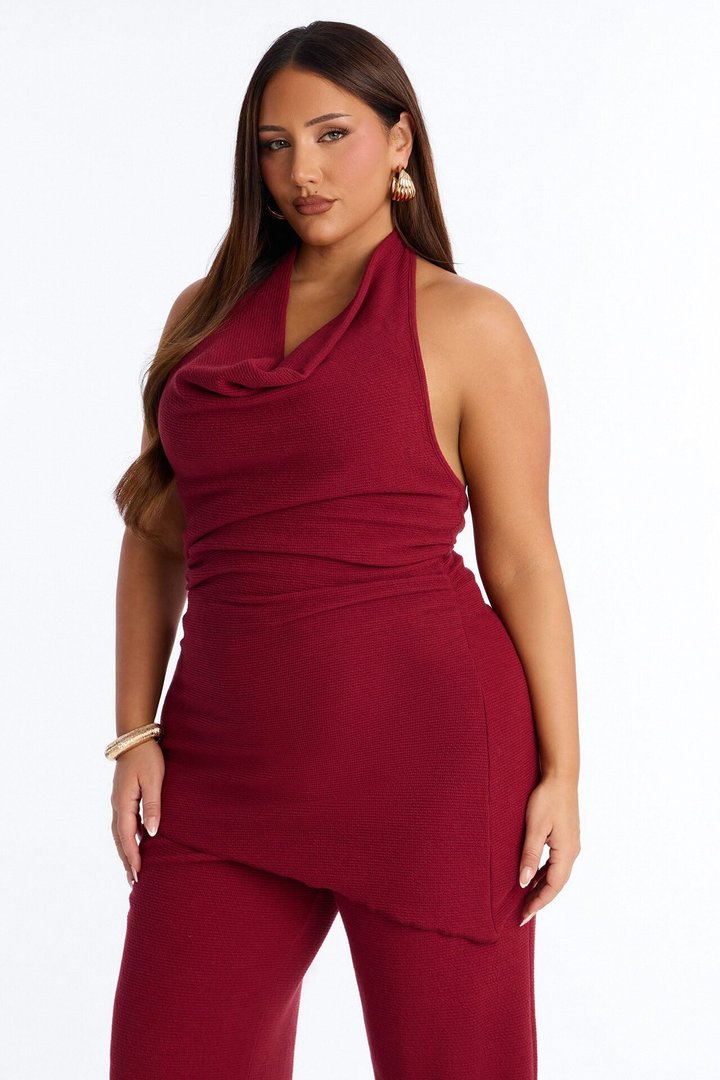 Amaya Asymmetrical Halter Pant Set - Wine