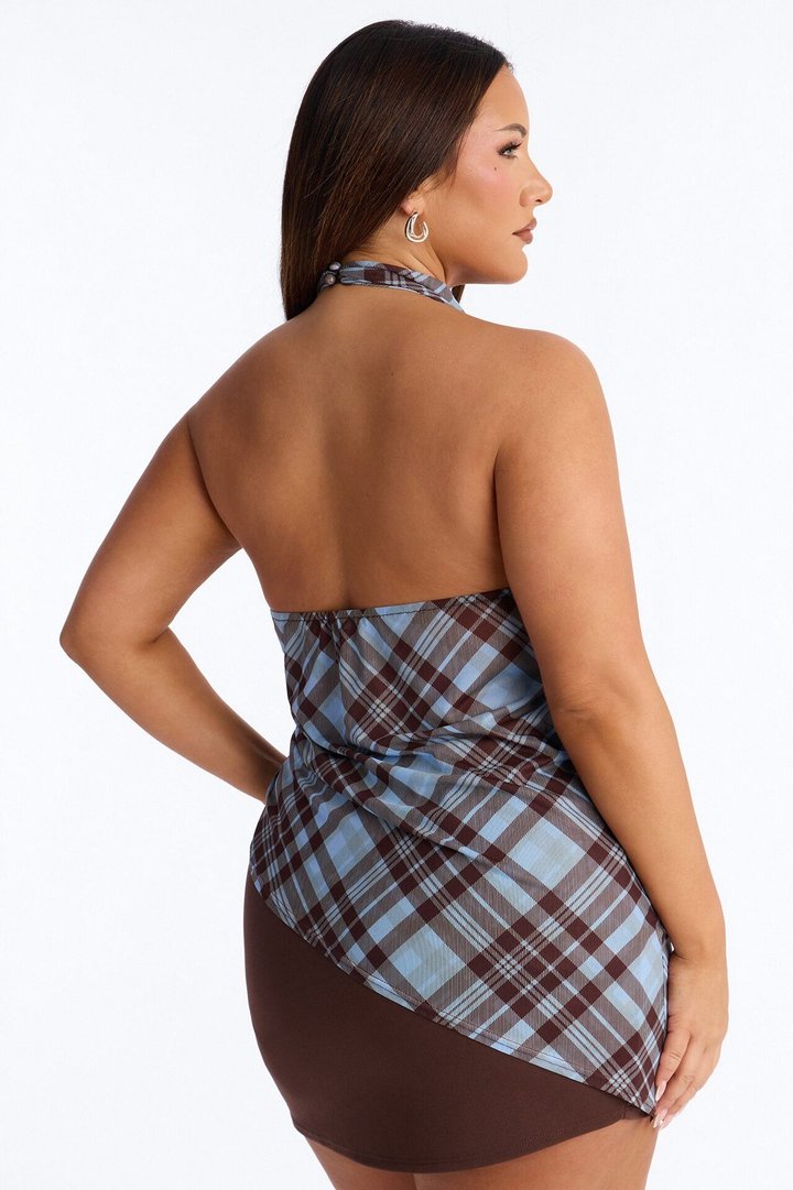 Frankie Plaid Mesh Asymmetrical Cowl Neck Halter Top - Brown/combo