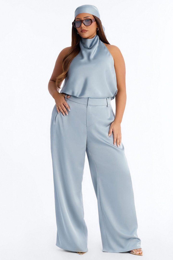 Isabelle Satin Halter Bodysuit 3 Piece Pant Set - Slate Blue