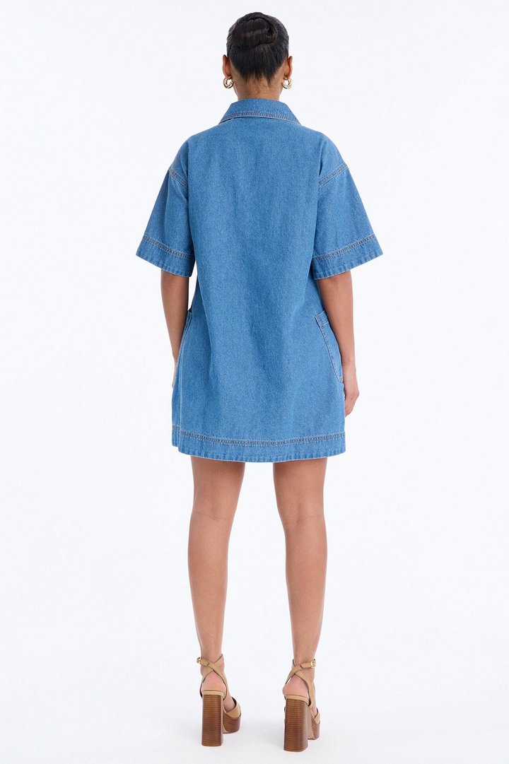 Solana Short Sleeve Denim Mini Dress - Medium Wash