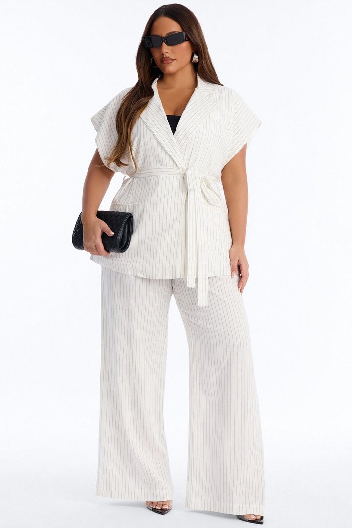 Juno Pinstripe Short Sleeve Tie Waist Linen Blazer - Ivory/combo