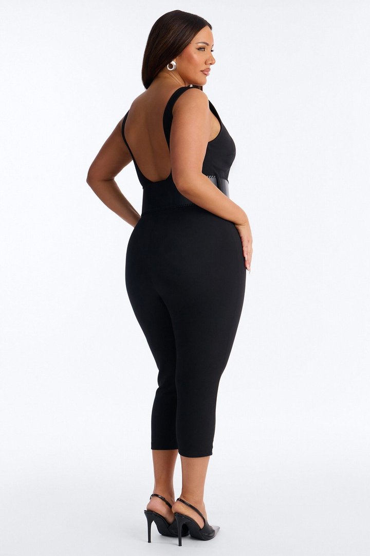 Amaya Boat Neck Belted Capri Jumpsuit - Black