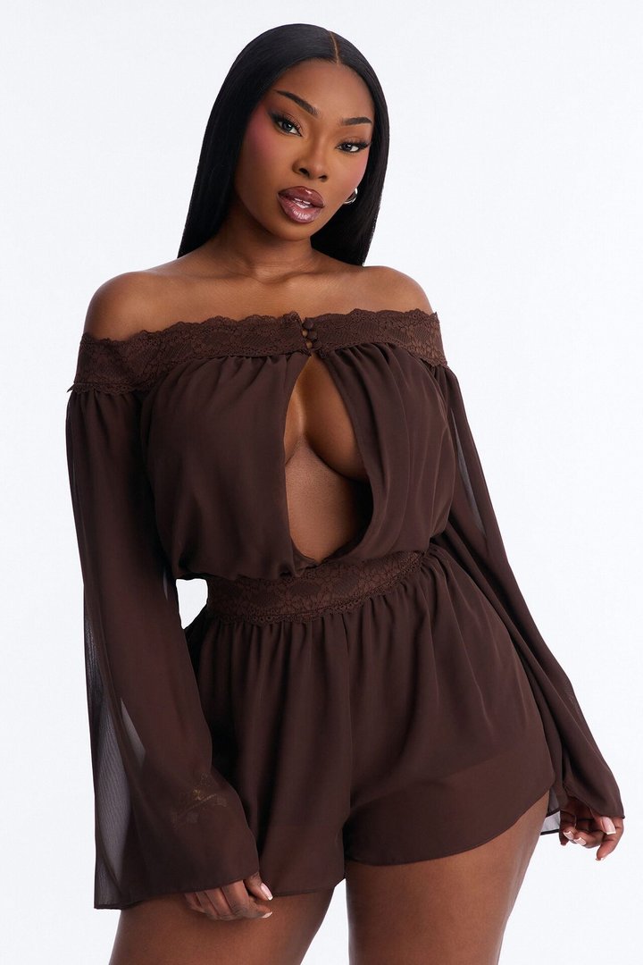 Cecilia Chiffon Off Shoulder Lace Romper - Chocolate