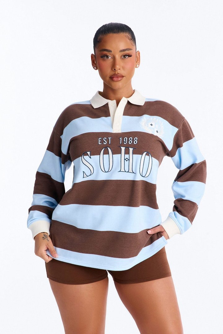 Soho Stripe Polo Fold Over Waistband Short Set - Brown Combo