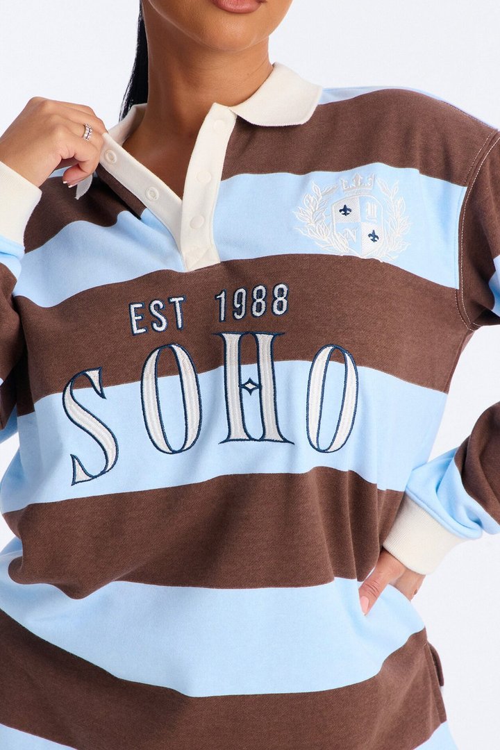 Soho Stripe Polo Fold Over Waistband Short Set - Brown Combo